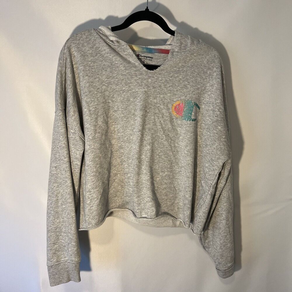 Champion Womens Cropped Gray Hoodie Sweatshirt Rainbow Size Medium